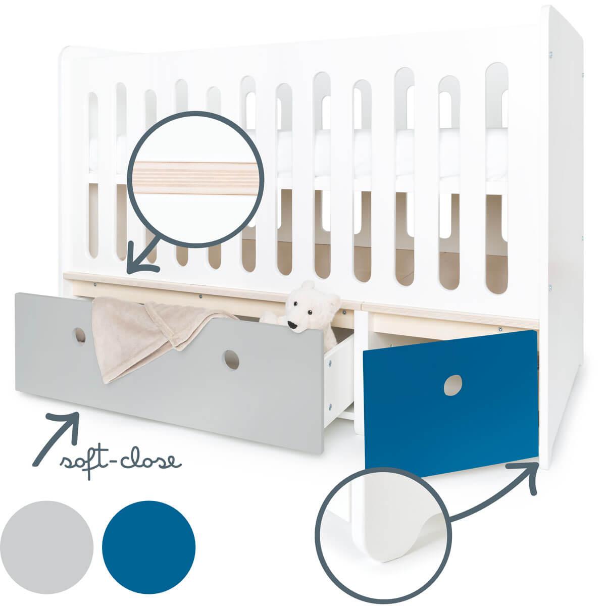 Babybett mitwachsend 70x140cm COLORFLEX pearl grey-deep marine