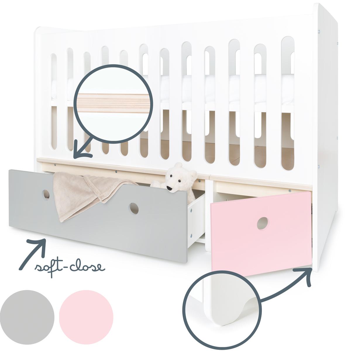 Babybett mitwachsend 70x140cm COLORFLEX pearl grey-sweet pink