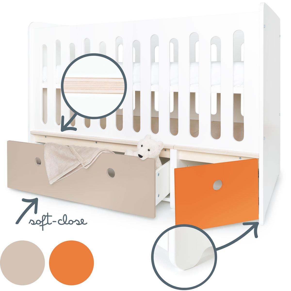 Babybett mitwachsend 70x140cm COLORFLEX warm grey-pure orange