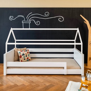 Bett bodentief Dach Montessori Fallschutz niedrig KASVA Buche weiß lackiert