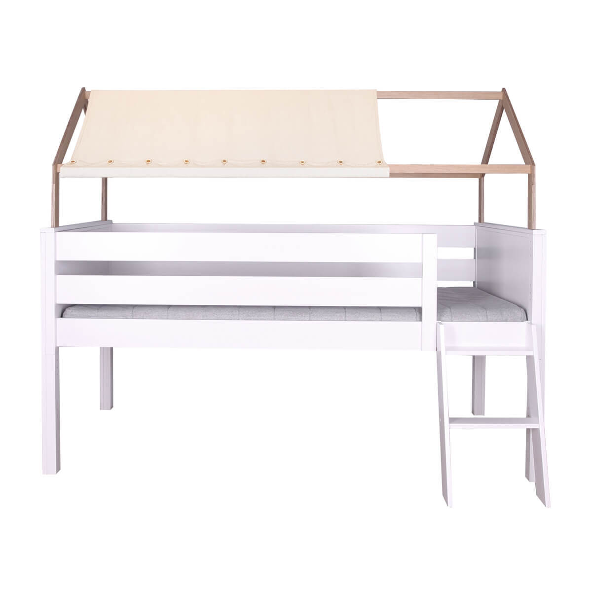 Bett halbhoch Dach KASVA Buche weiß lackiert-Eiche geölt Dachtextil