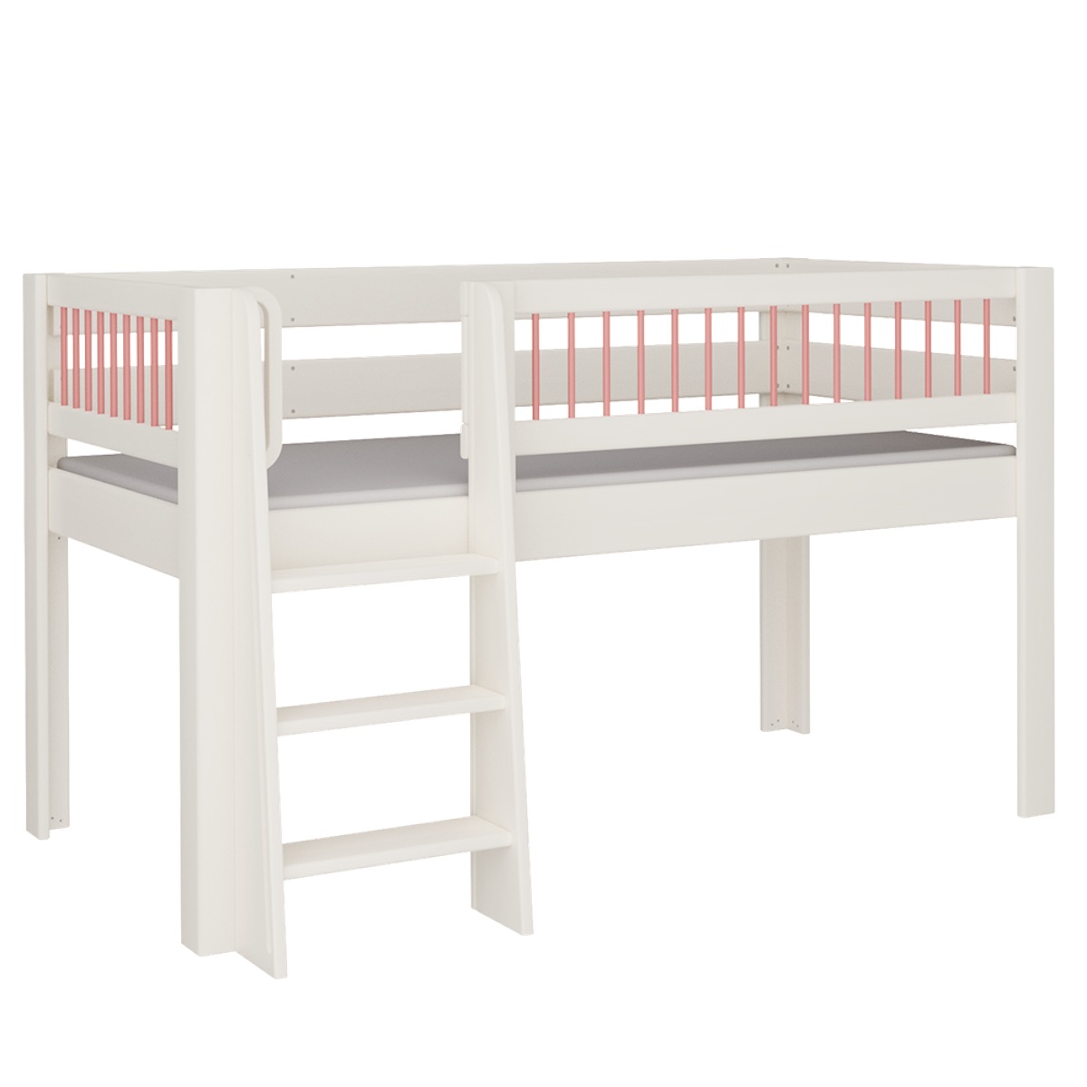 Halbhohes Kubu Bett Leiterstiege DELUXE de Breuyn geweißt-rot