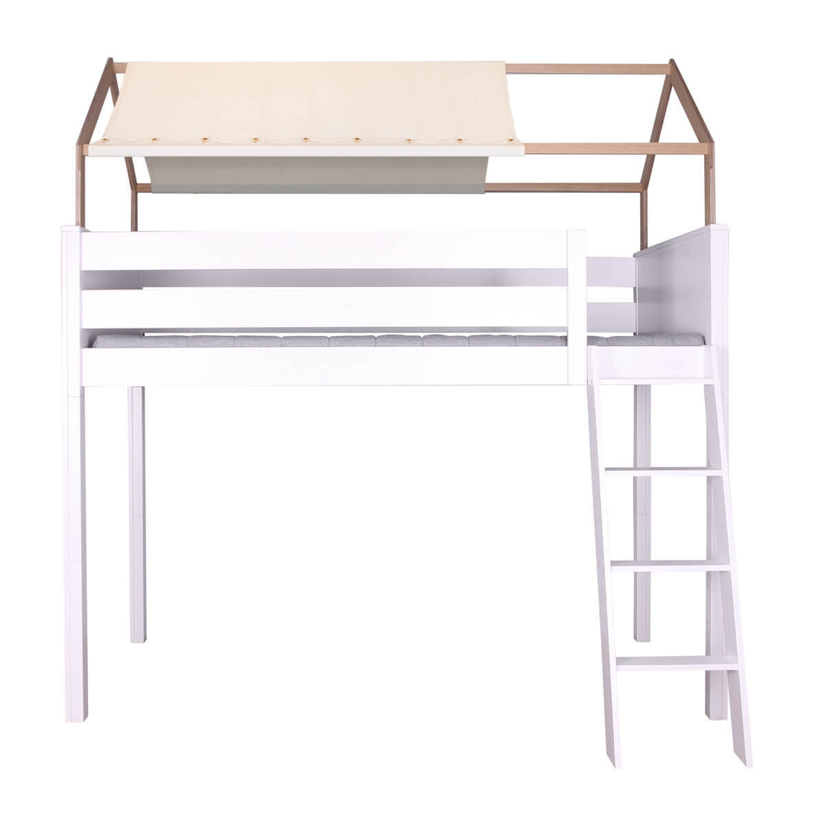 Hochbett KASVA Buche weiß lackiert mit Dachaufbau Eiche massiv + Betthimmel