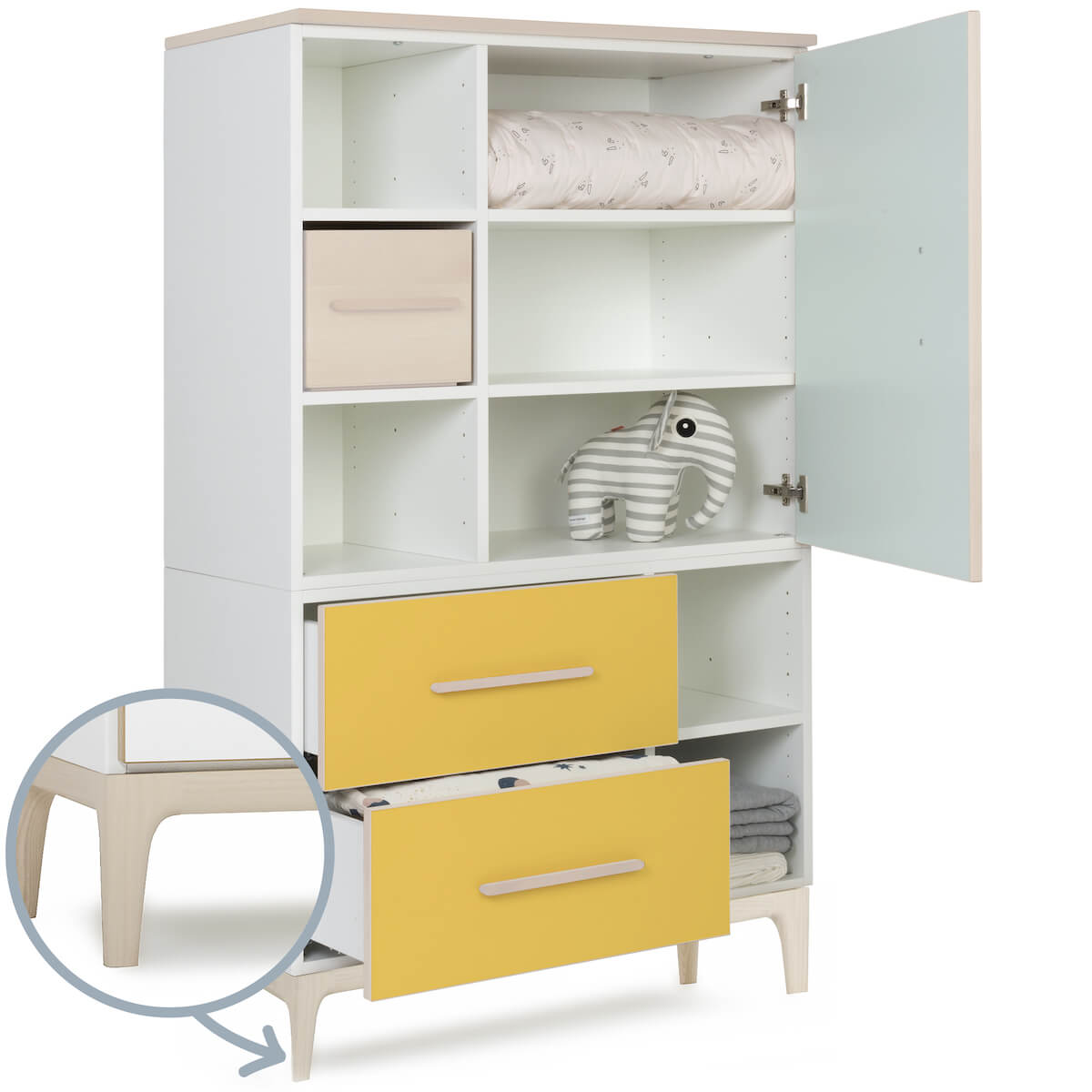Kleiderschrank 147 cm 1-türig 2 Schubladen NADO Curve Esche mint-sunshine yellow