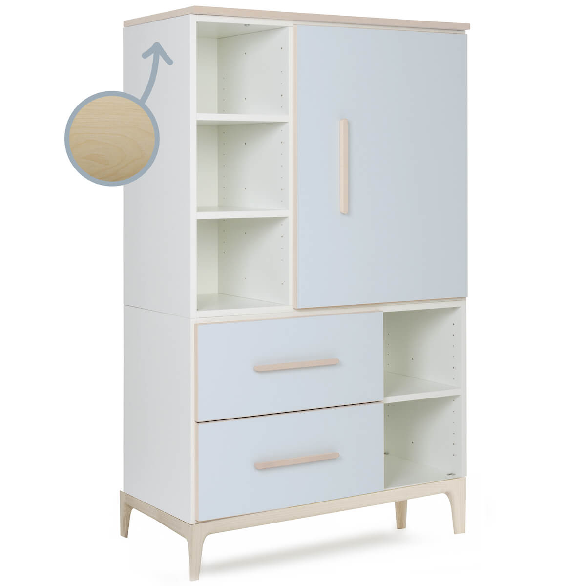 Kleiderschrank 147 cm 1-türig 2 Schubladen NADO Curve Esche sky blue