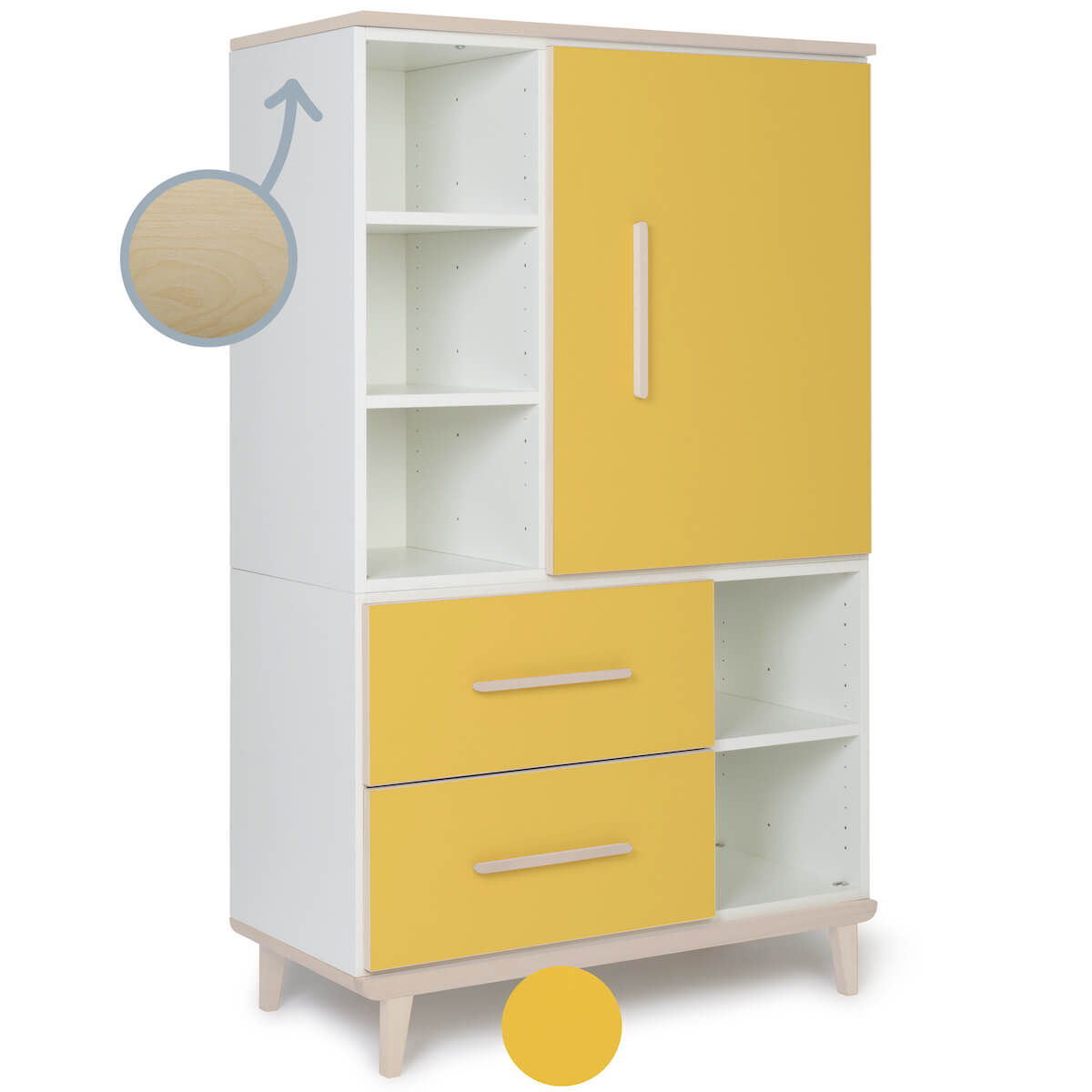 Kleiderschrank 147 cm 1-türig 2 Schubladen NADO Retro Esche sunshine yellow