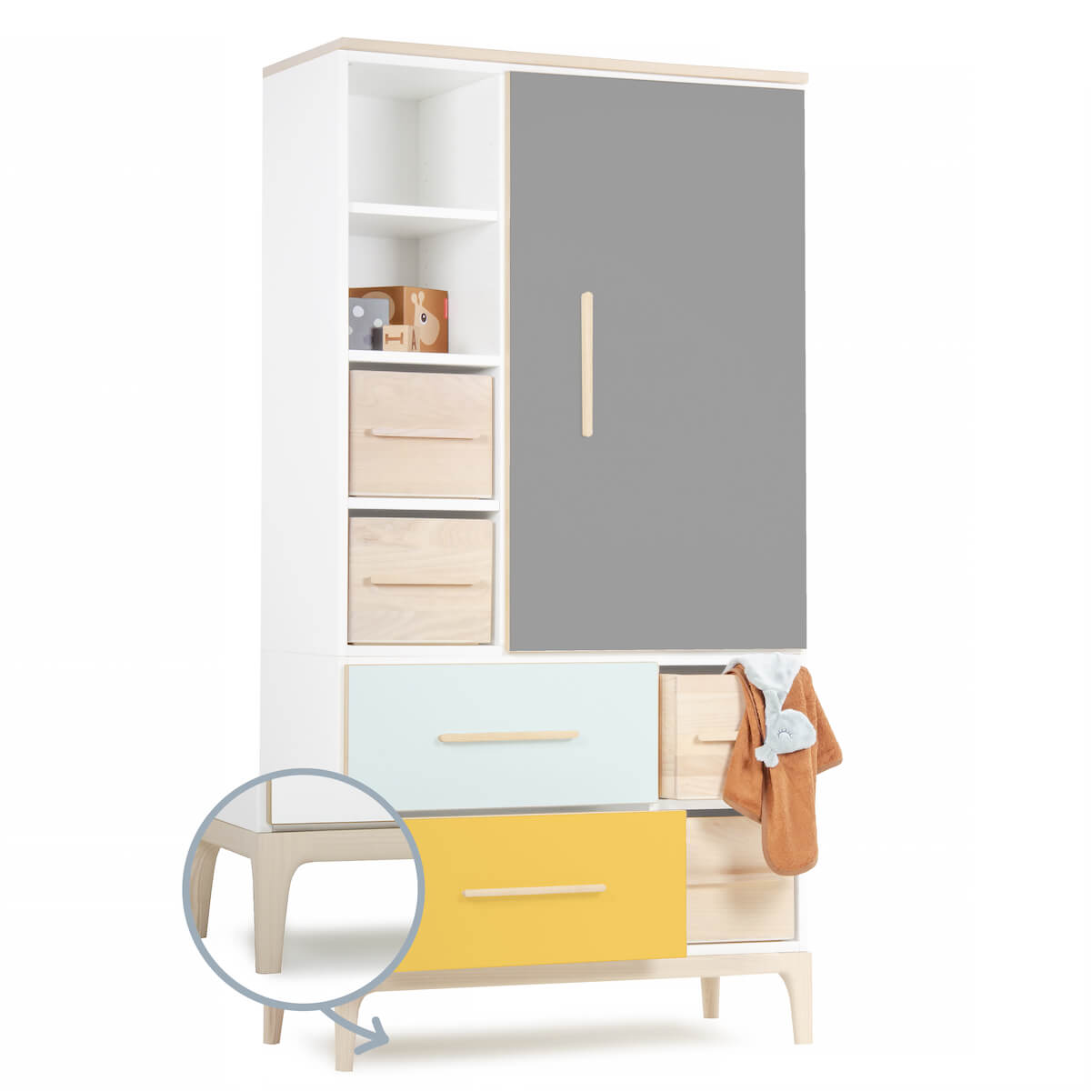 Kleiderschrank 173 cm 1-türig 2 Schubladen NADO Curve Esche slate grey-mint-sunshine yellow