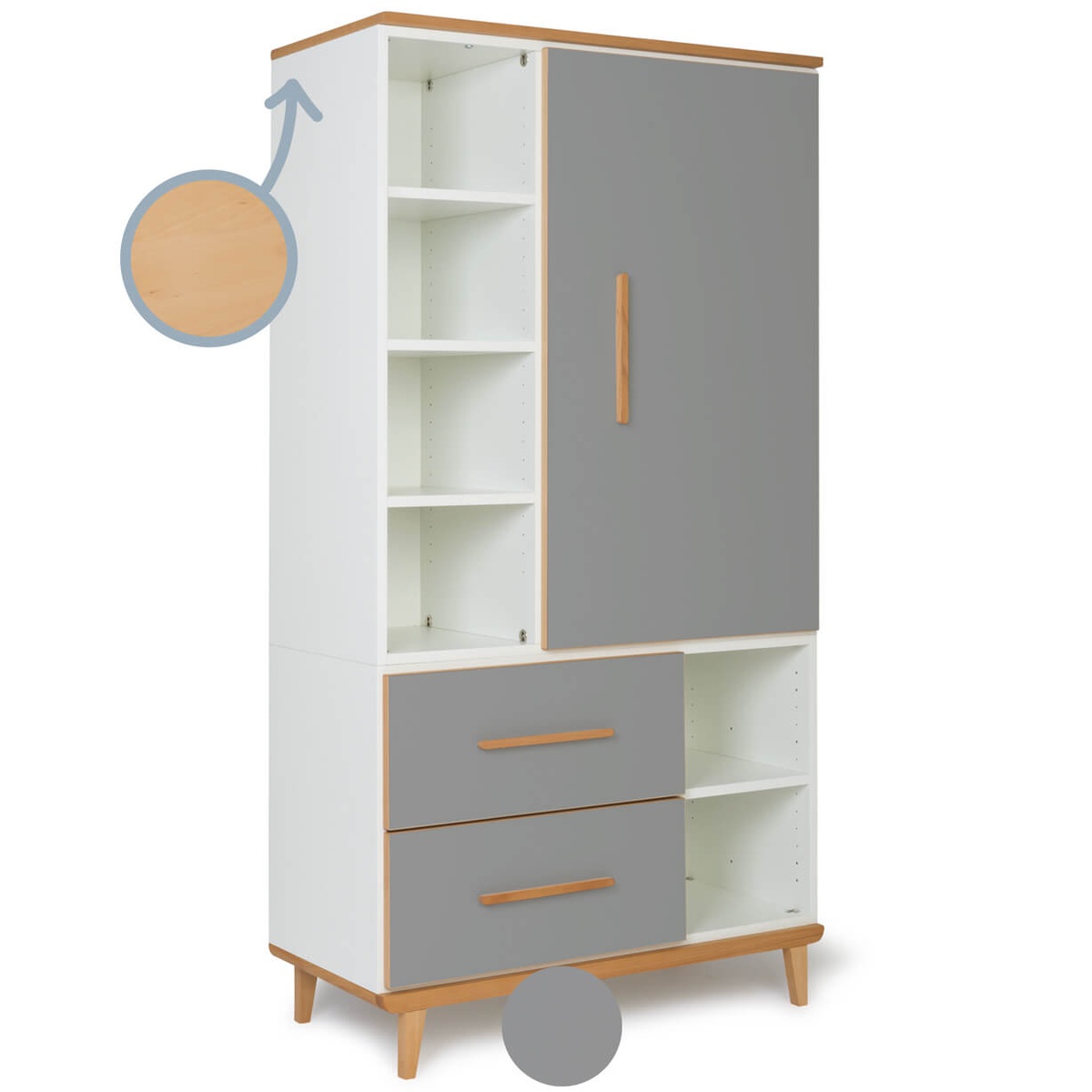 Kleiderschrank 173 cm 1-türig 2 Schubladen NADO Retro Buche slate grey