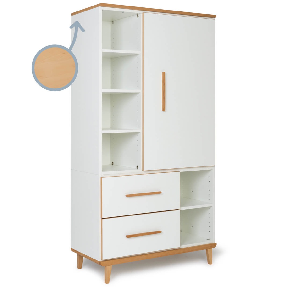 Kleiderschrank 173 cm 1-türig 2 Schubladen NADO Retro Buche white