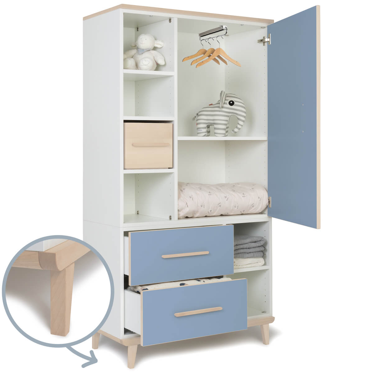 Kleiderschrank 173 cm 1-türig 2 Schubladen NADO Retro Esche capri blue