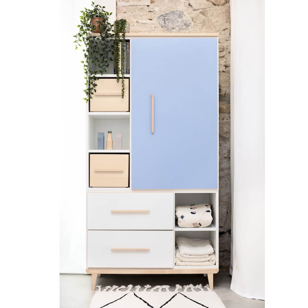 Kleiderschrank 173 cm 1-türig 2 Schubladen NADO Retro Esche capri blue