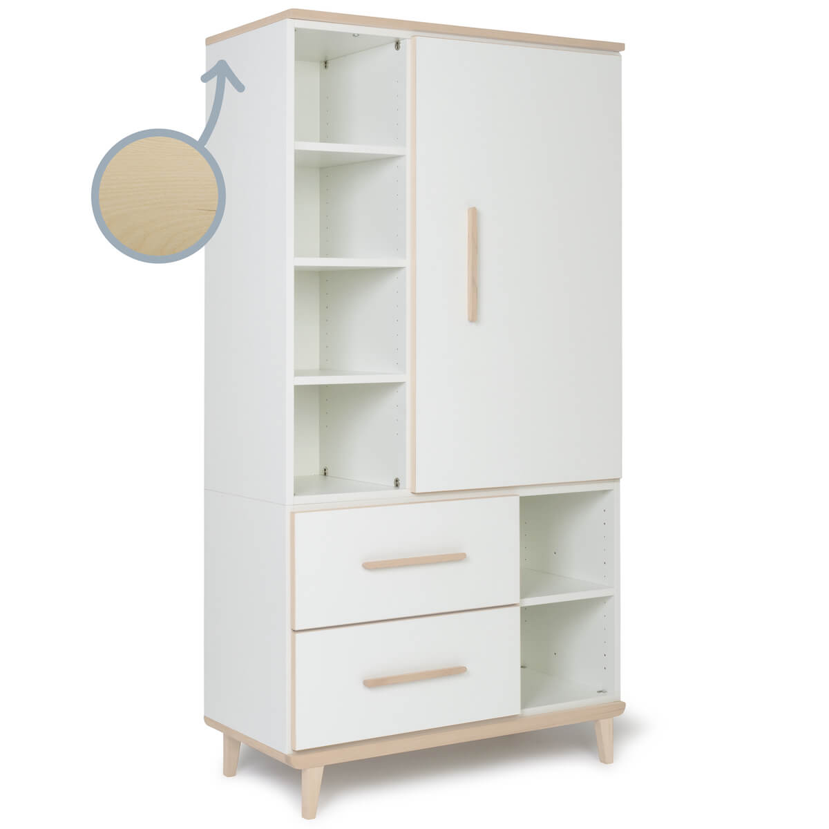 Kleiderschrank 173 cm 1-türig 2 Schubladen NADO Retro Esche white