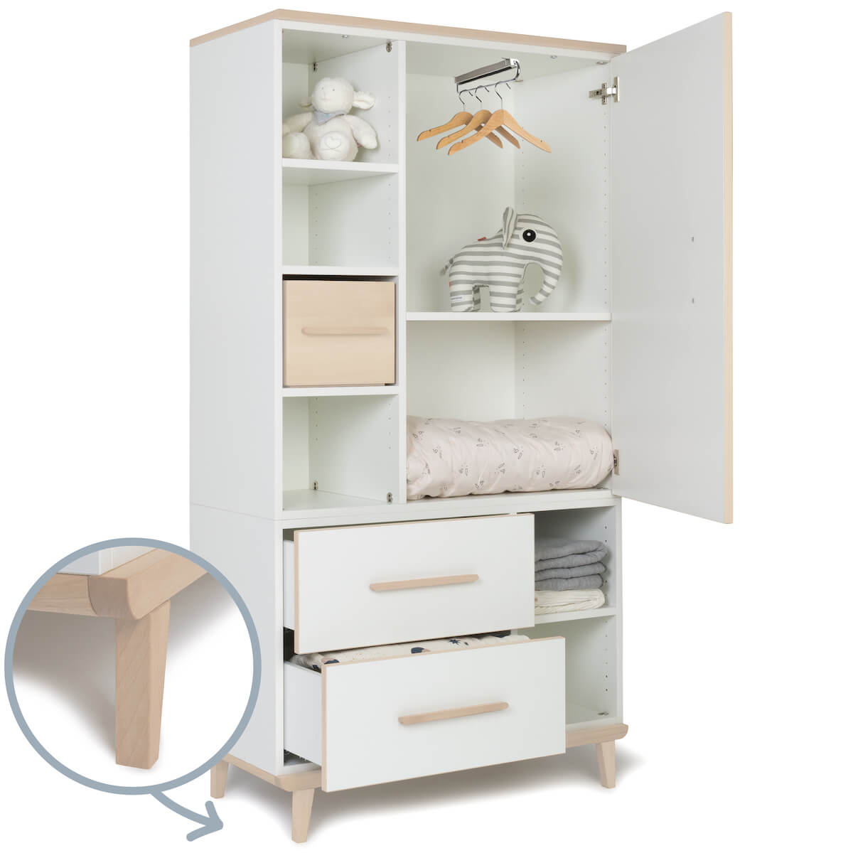 Kleiderschrank 173 cm 1-türig 2 Schubladen NADO Retro Esche white