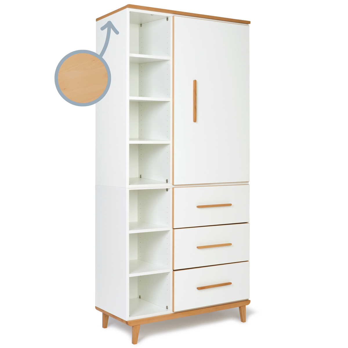 Kleiderschrank 198 cm 1-türig 3 Schubladen NADO Retro Buche white