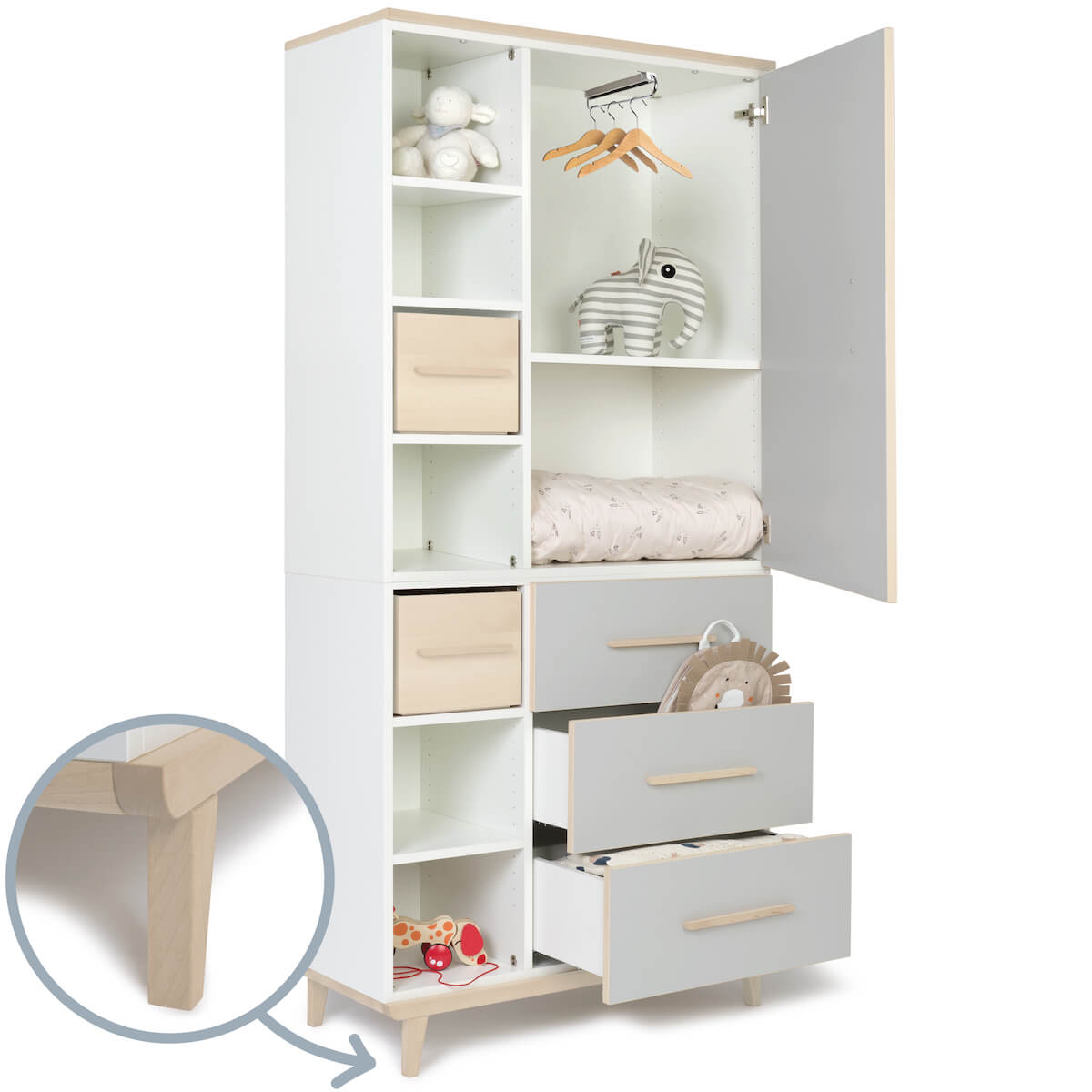 Kleiderschrank 198 cm 1-türig 3 Schubladen NADO Retro Esche manhattan grey