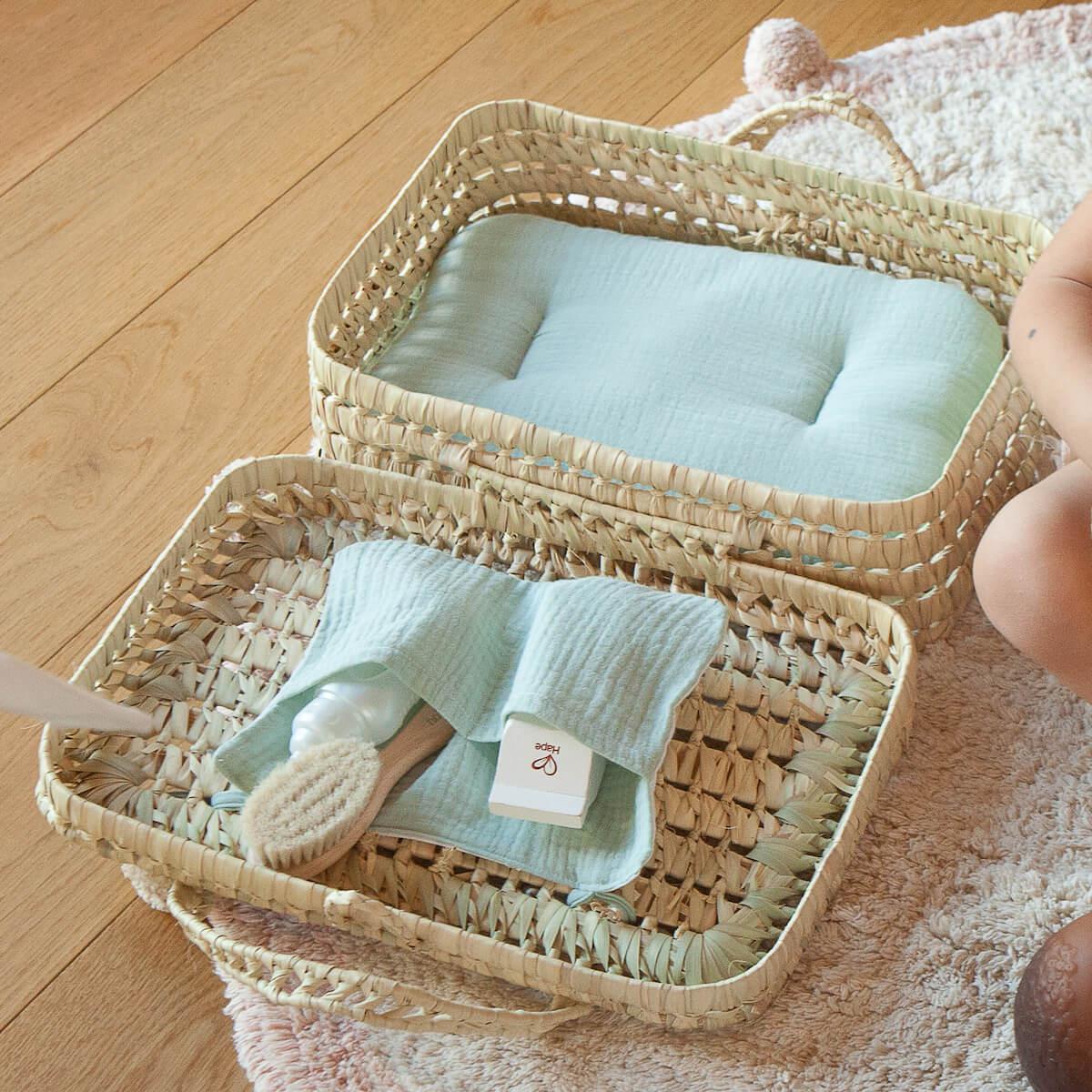 Koffer aus Palmblattgeflecht für Puppe BOBBLE grün