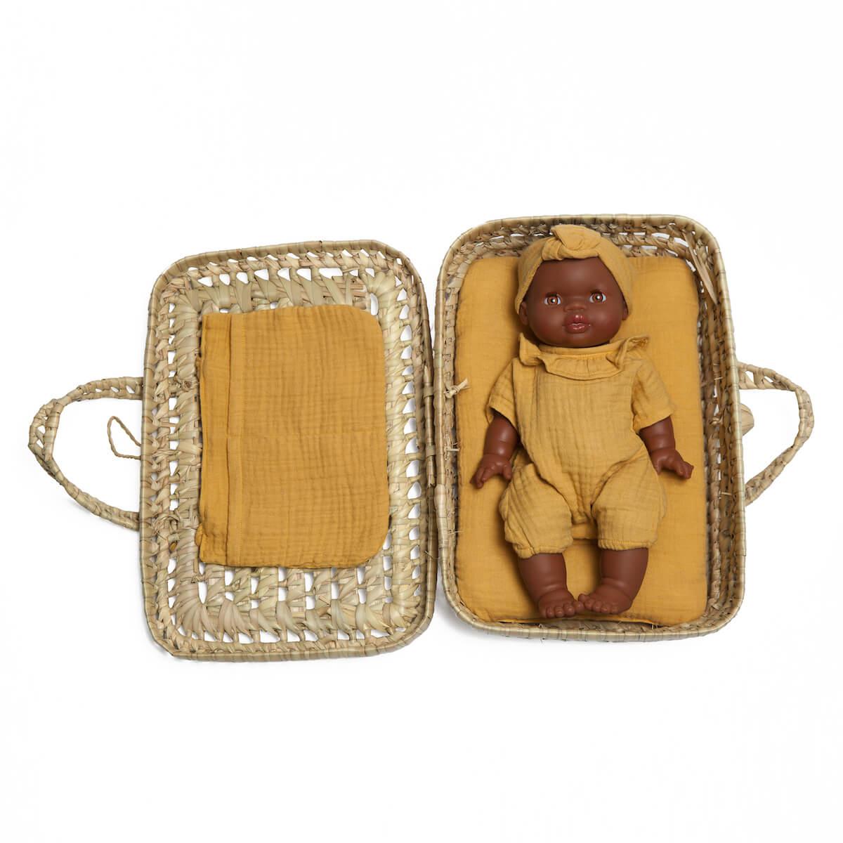 Koffer aus Palmblattgeflecht für Puppe BOBBLE senfgelb