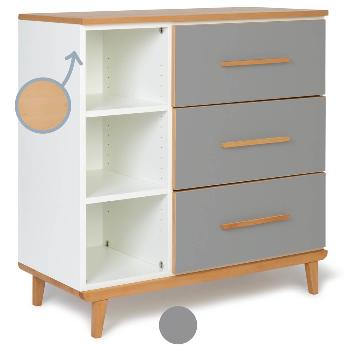 Kommode 3 Schubladen 3 Nischen NADO Retro Buche slate grey