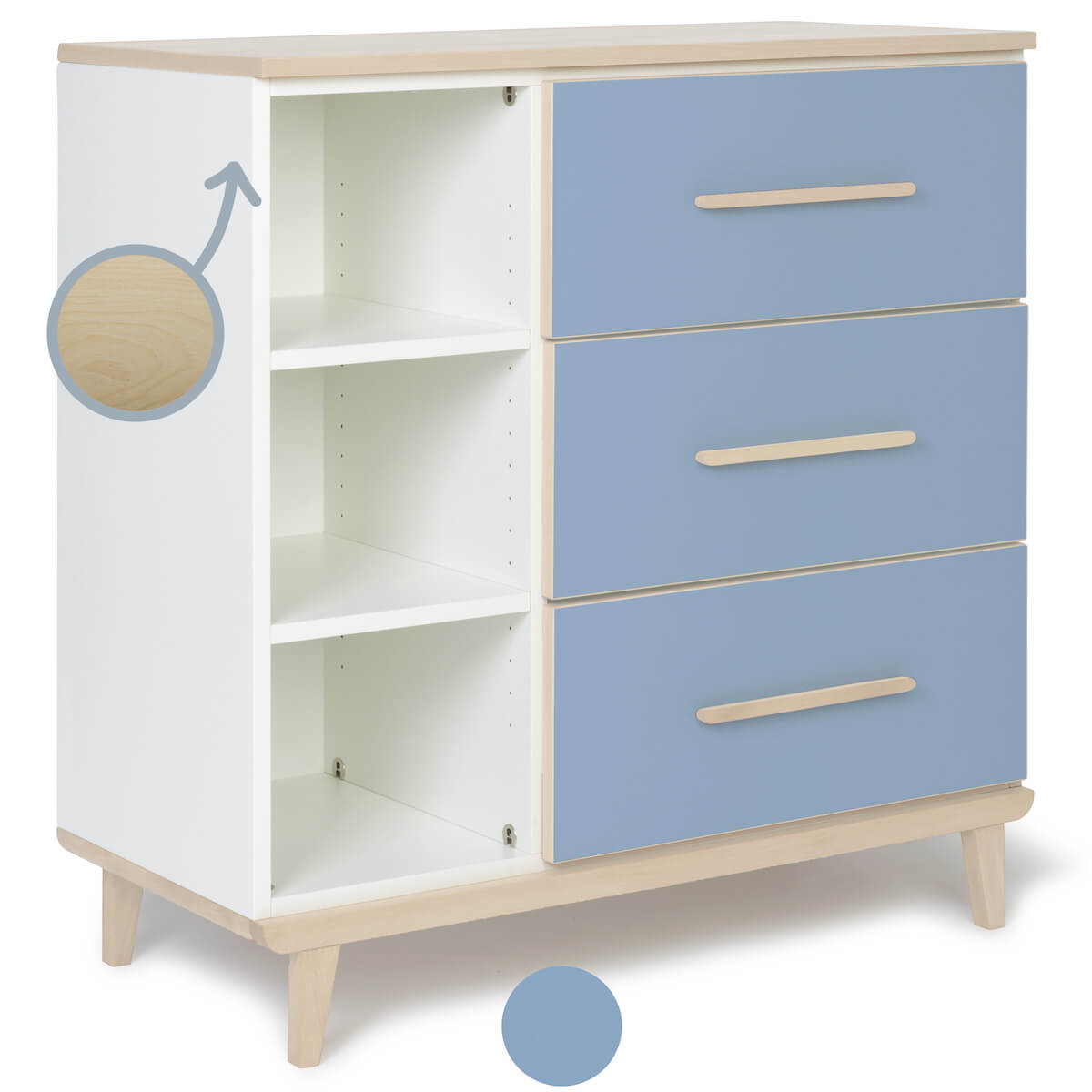 Kommode 3 Schubladen 3 Nischen NADO Retro Esche capri blue