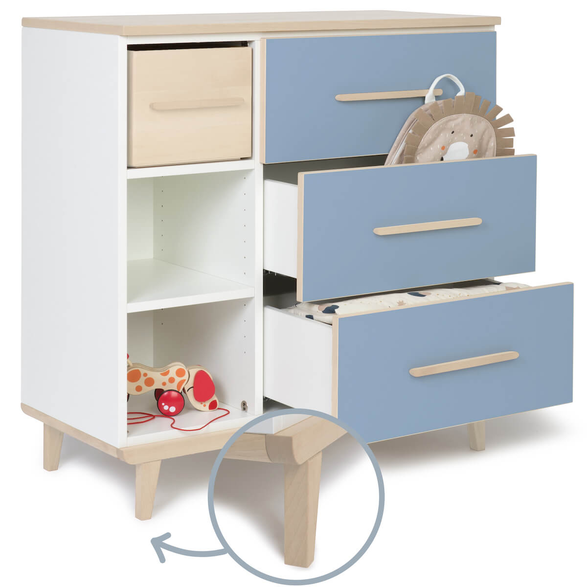 Kommode 3 Schubladen 3 Nischen NADO Retro Esche capri blue