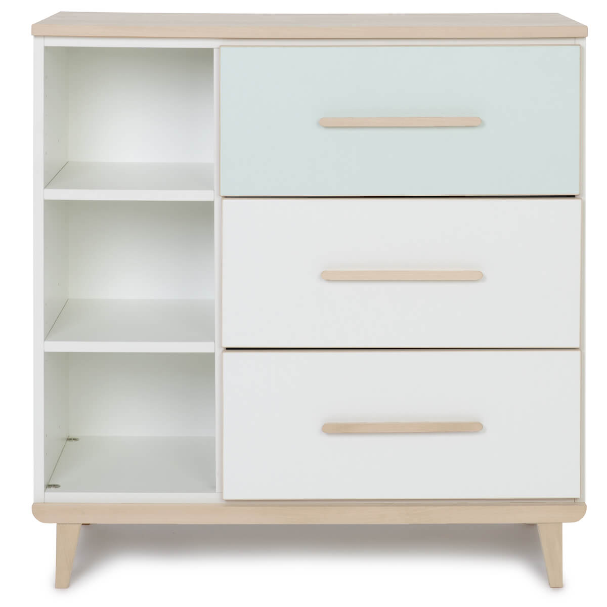 Kommode 3 Schubladen 3 Nischen NADO Retro Esche mint-white