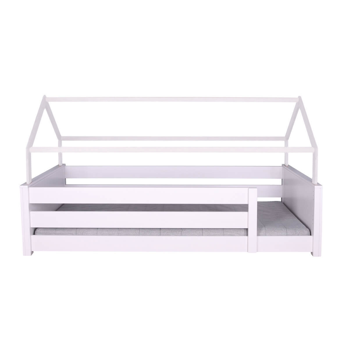 Lit au sol cabane Montessori barrière double KASVA hêtre laqué blanc