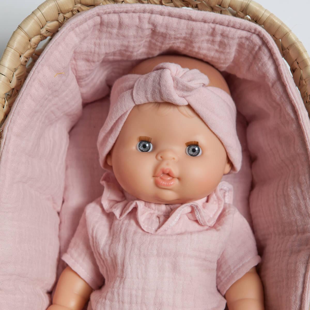 Moses-korb für Puppe aus Palmblatt BOBBLE rosa