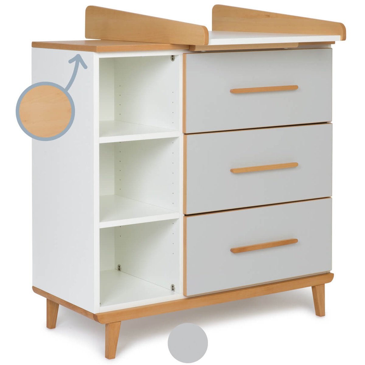 Wickelkommode 3 Schubladen 3 Nischen NADO Retro Buche manhattan grey