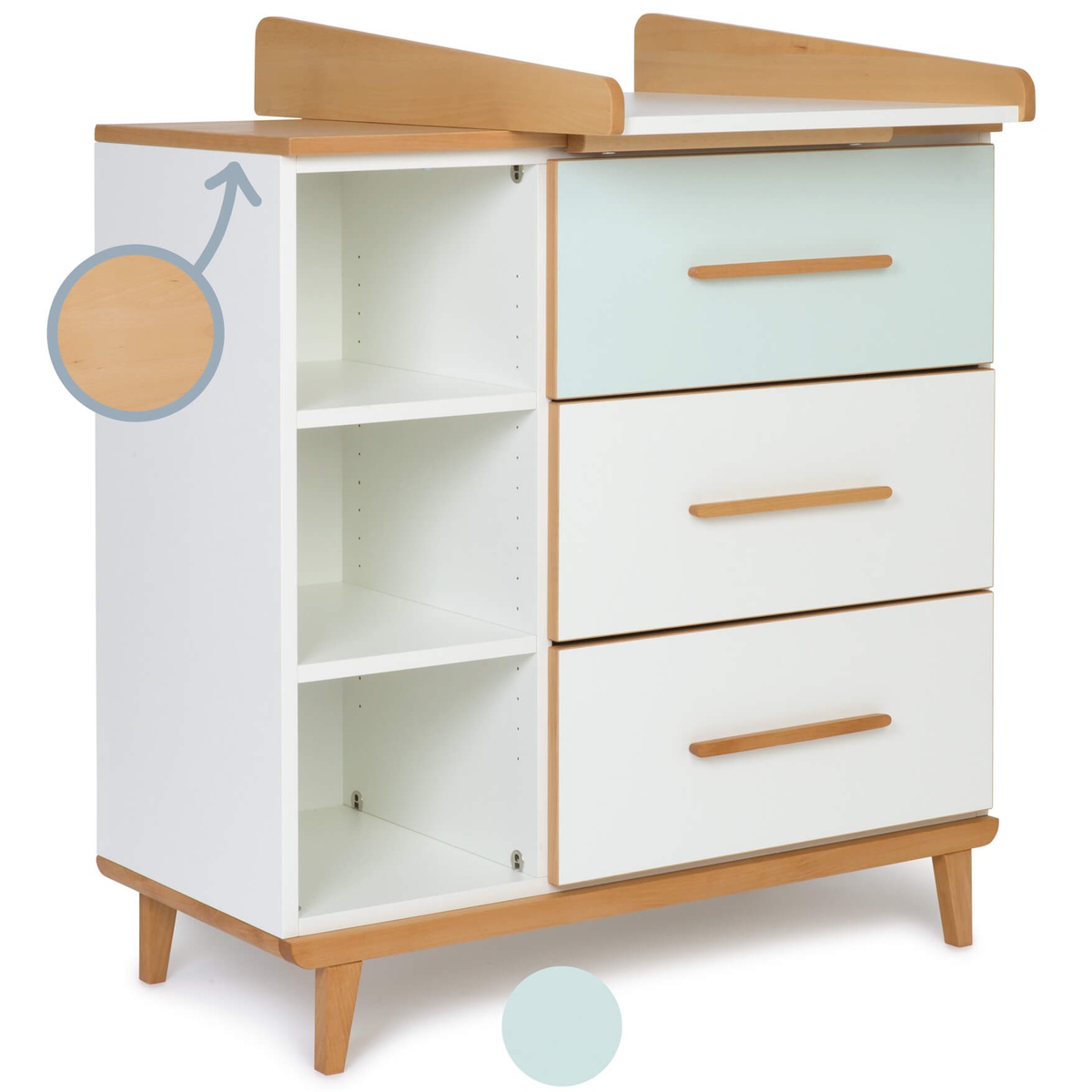 Wickelkommode 3 Schubladen 3 Nischen NADO Retro Buche mint-white