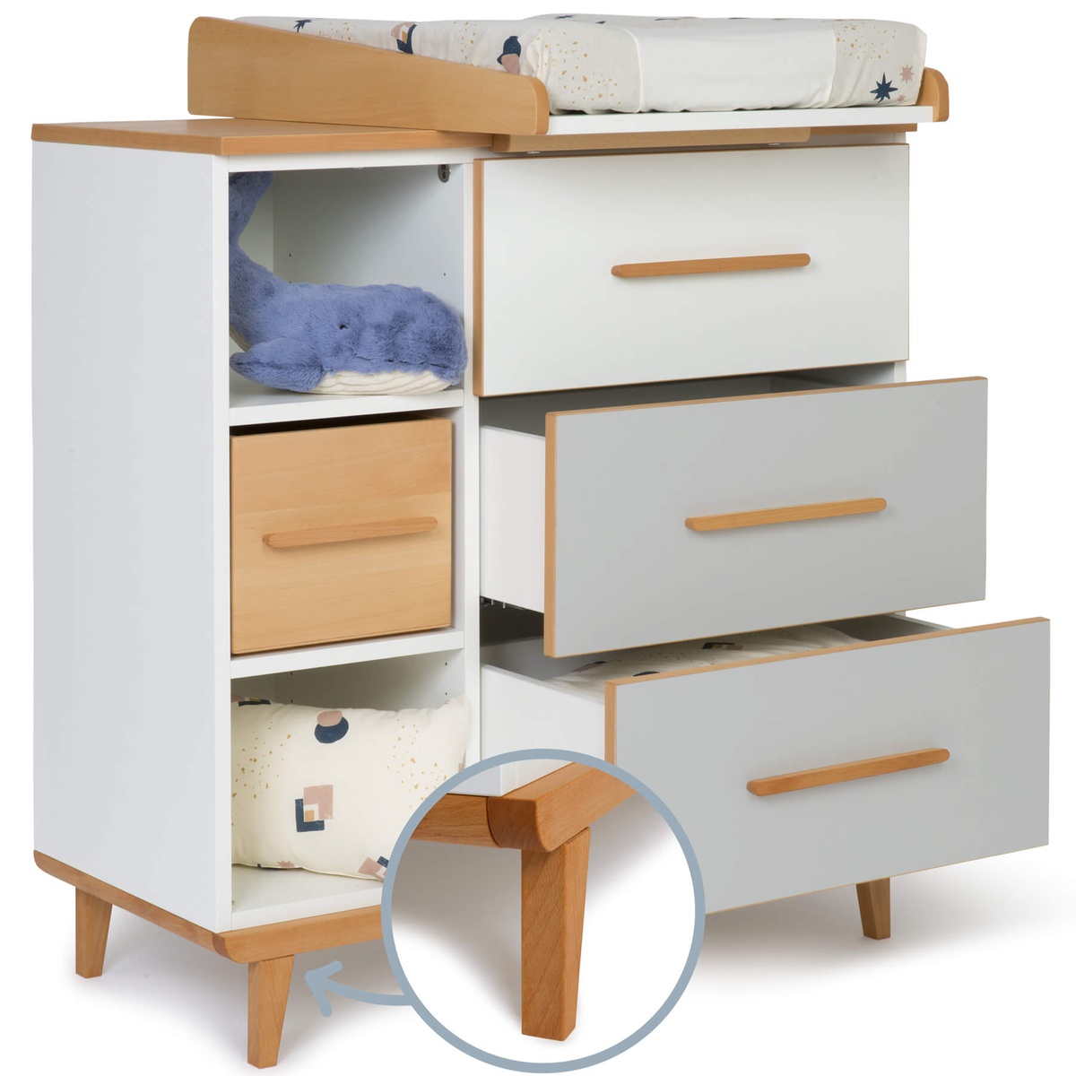 Wickelkommode 3 Schubladen 3 Nischen NADO Retro Buche white-manhattan grey