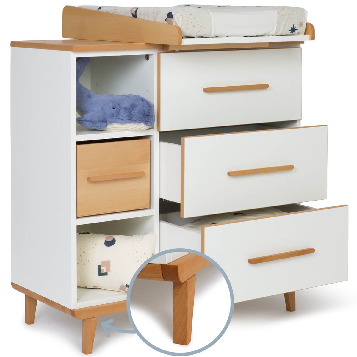 Wickelkommode 3 Schubladen 3 Nischen NADO Retro Buche white